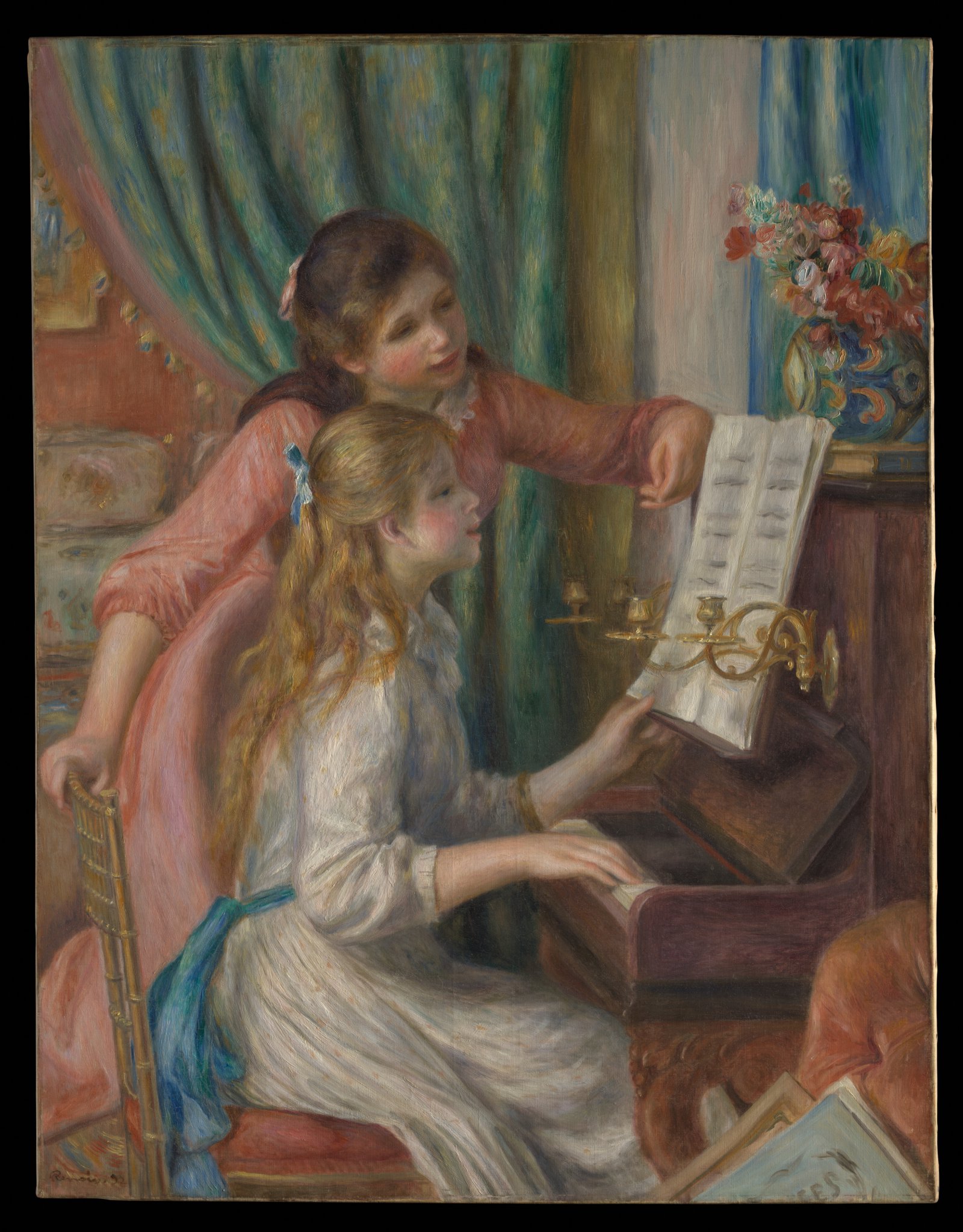 Огюст Ренуар, «Две девушки за фортепиано», 1892: девушки играют и читают ноты дома